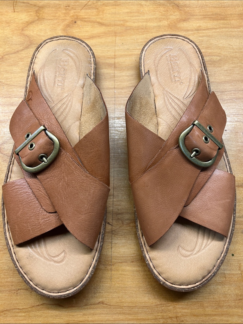Born Brown Leather Cross-Strap Slide Sandals with Brass Buckles